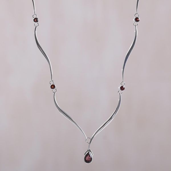 Alternate image for Handcrafted Sterling Silver and Garnet Necklace Silver Tendrils