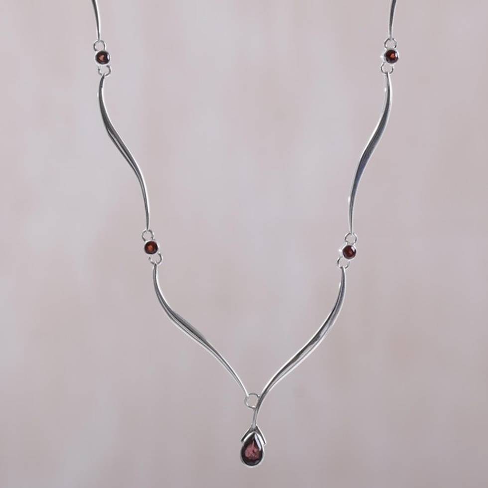 Handcrafted Sterling Silver and Garnet Necklace 'Silver Tendrils'