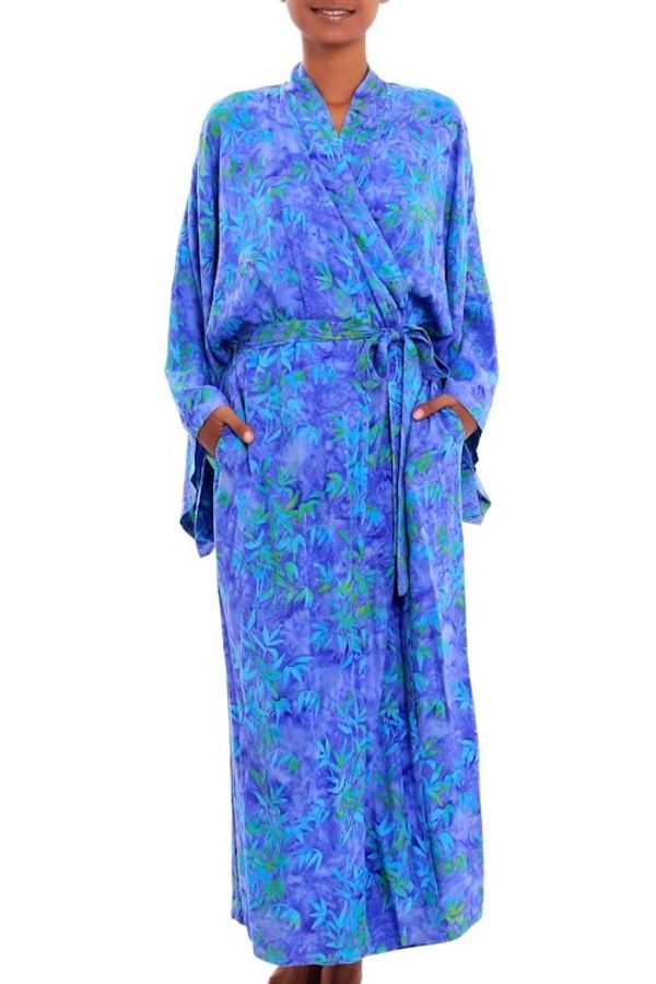 Alternate image for Blue and Green Batik Leaf Long Sleeved Rayon Robe with Belt Mystery Grove