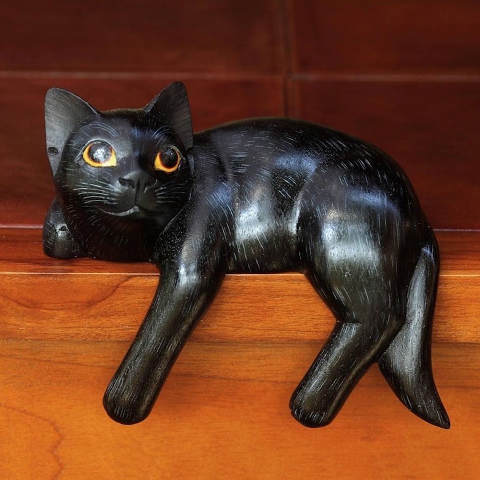 Signed Balinese Black Cat Sculpture 'Black Cat Relaxes'