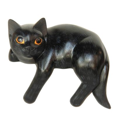 Alternate image for Signed Balinese Black Cat Sculpture Black Cat Relaxes