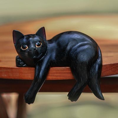 Alternate image for Signed Balinese Black Cat Sculpture Black Cat Relaxes