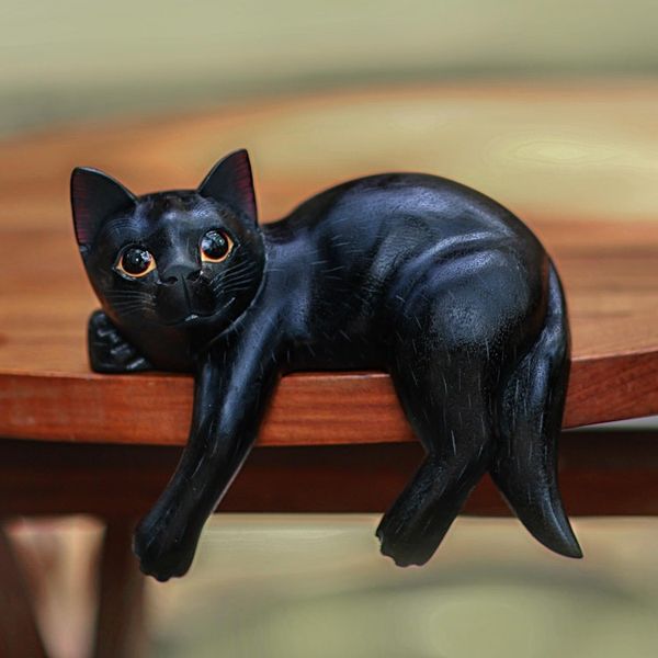 Alternate image for Signed Balinese Black Cat Sculpture Black Cat Relaxes
