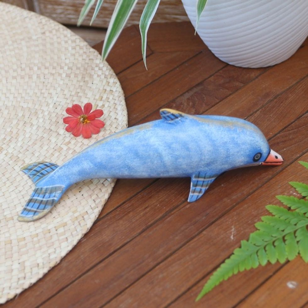 Hand Made Jempinis Wood Dolphin Statuette 'Air Play'