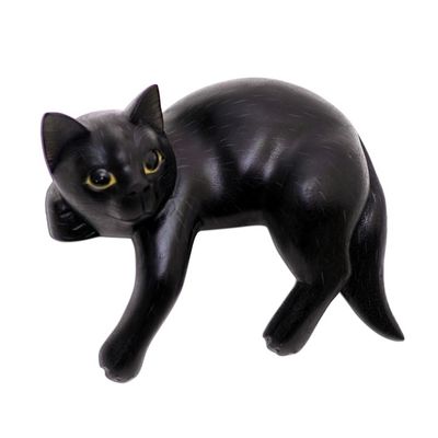 Alternate image for Signed Balinese Black Cat Sculpture Black Cat Relaxes
