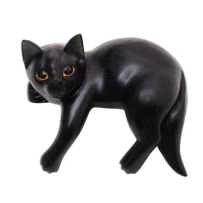 Alternate image for Signed Balinese Black Cat Sculpture Black Cat Relaxes
