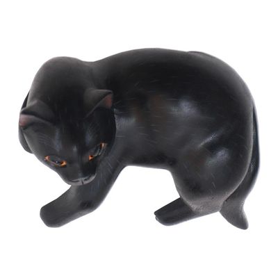 Alternate image for Signed Balinese Black Cat Sculpture Black Cat Relaxes
