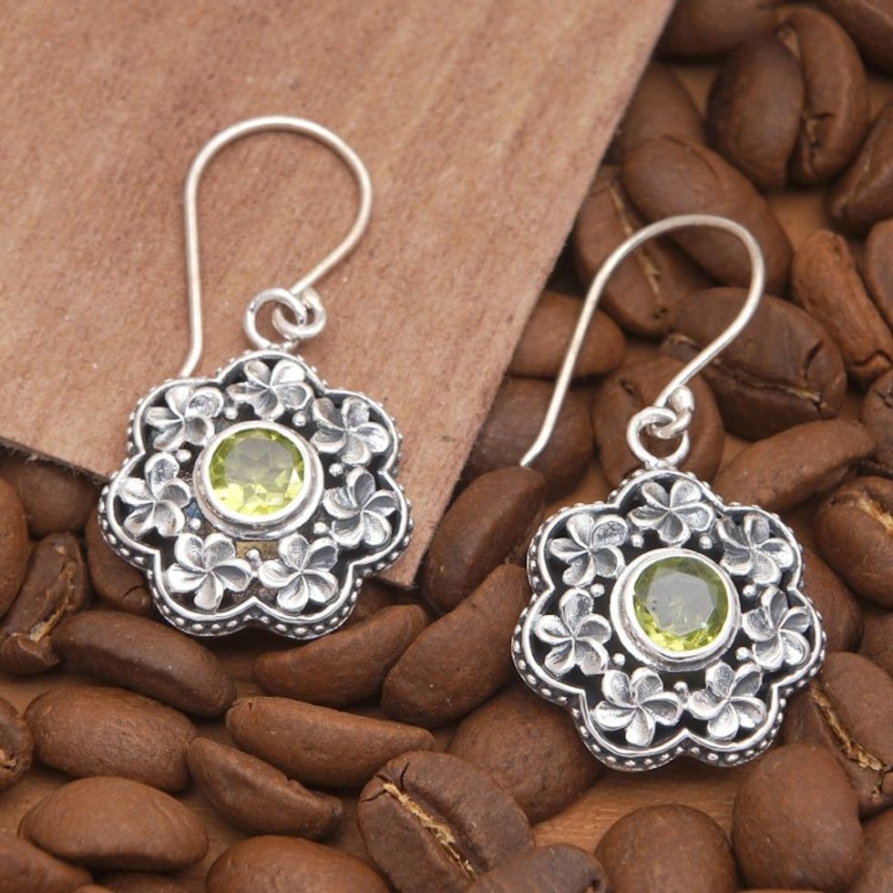 Floral Sterling Silver Dangle Earrings with Peridot Jewels 'Offerings to Fortune'