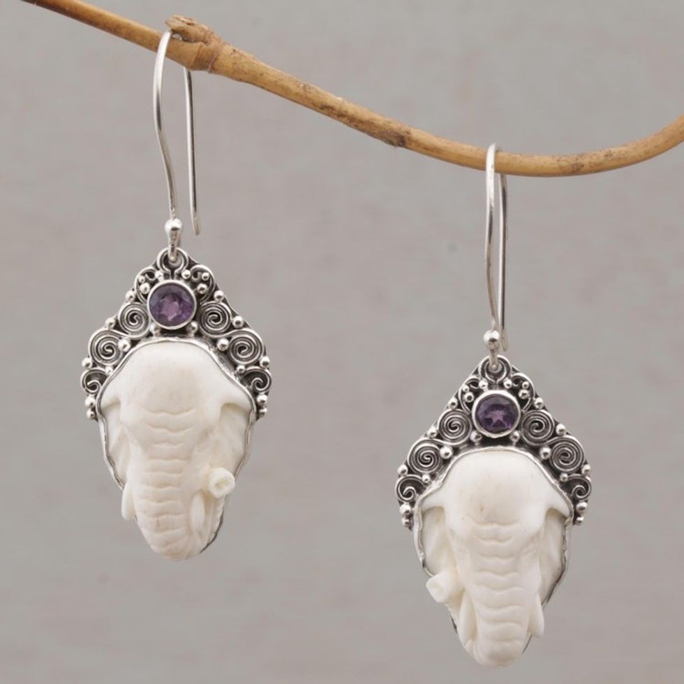 Amethyst Elephant Dangle Earrings with Carved Bone 'Elephant Grandeur'