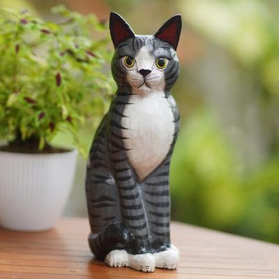 Alternate image for Artisan Crafted Albesia Wood Cat Statuette Mellow Friend