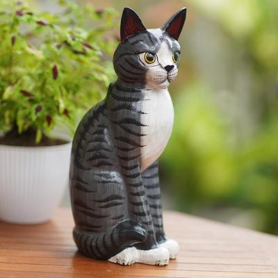 Alternate image for Artisan Crafted Albesia Wood Cat Statuette Mellow Friend