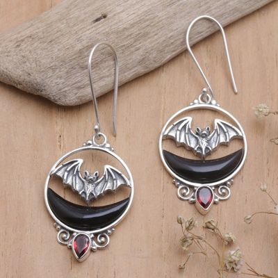 Alternate image for Bat  Moon Sterling Silver Dangle Earrings with Garnet Stone Black Crescent Moon