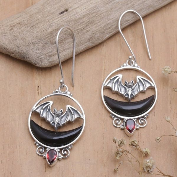 Alternate image for Bat Moon Sterling Silver Dangle Earrings with Garnet Stone Black Crescent Moon