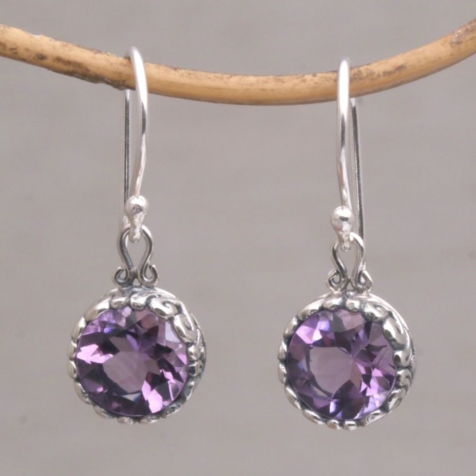 Amethyst Round Faceted Dangle Earrings 'Temptation Purple'