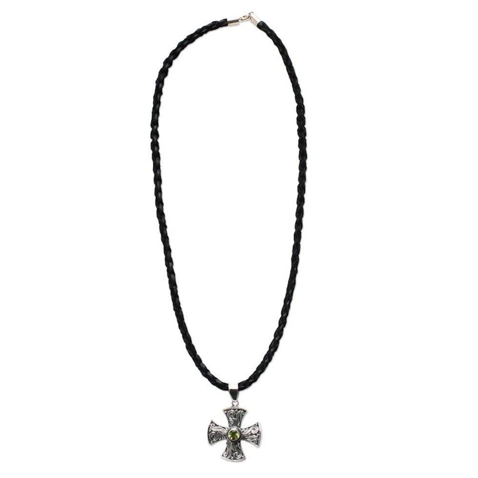 Men's Sterling Silver and Peridot Cross Necklace 'Light of Faith'