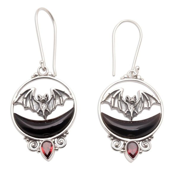 Alternate image for Bat Moon Sterling Silver Dangle Earrings with Garnet Stone Black Crescent Moon