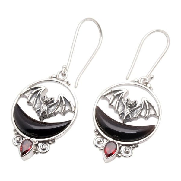 Alternate image for Bat Moon Sterling Silver Dangle Earrings with Garnet Stone Black Crescent Moon