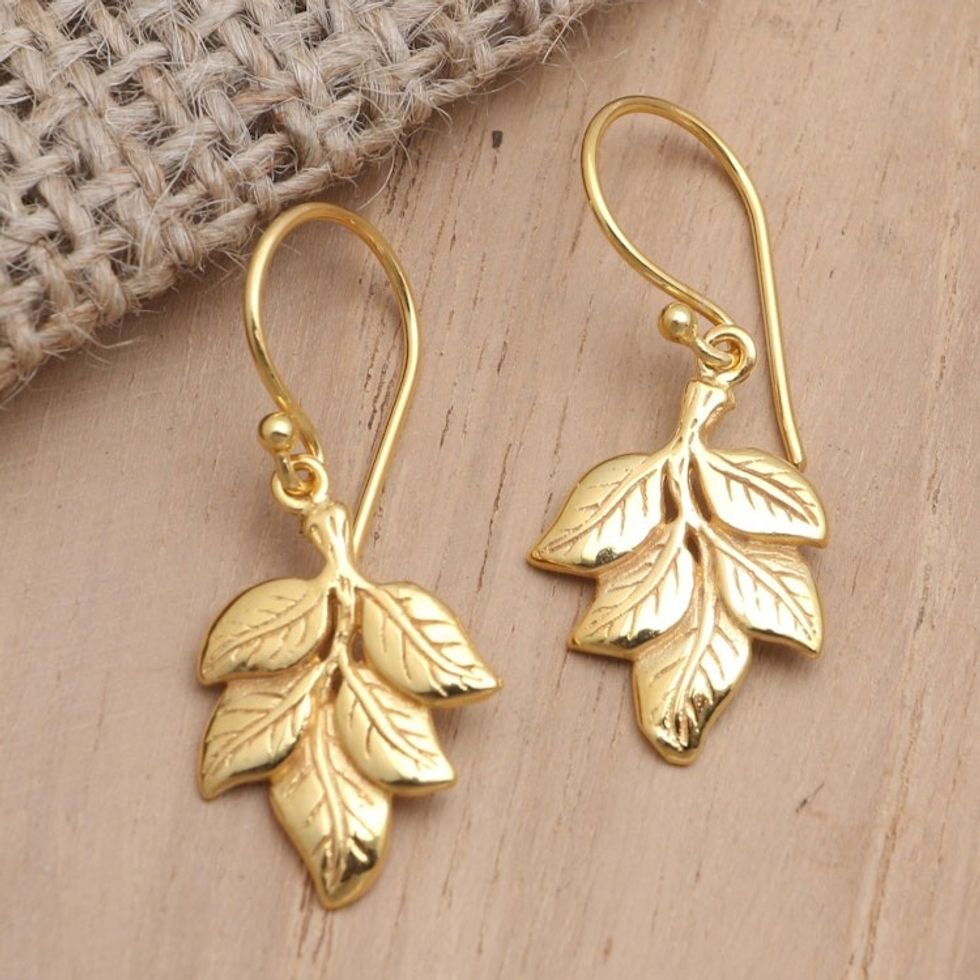 Gold-Plated Brass Leaf Dangle Earrings 'Betel Leaves'