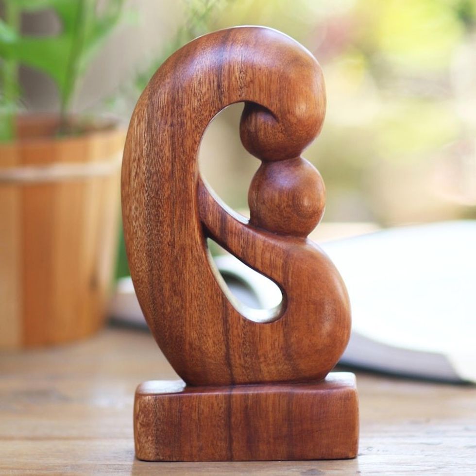 Curved Hand Carved Wood Sculpture 'Maternal Embrace'