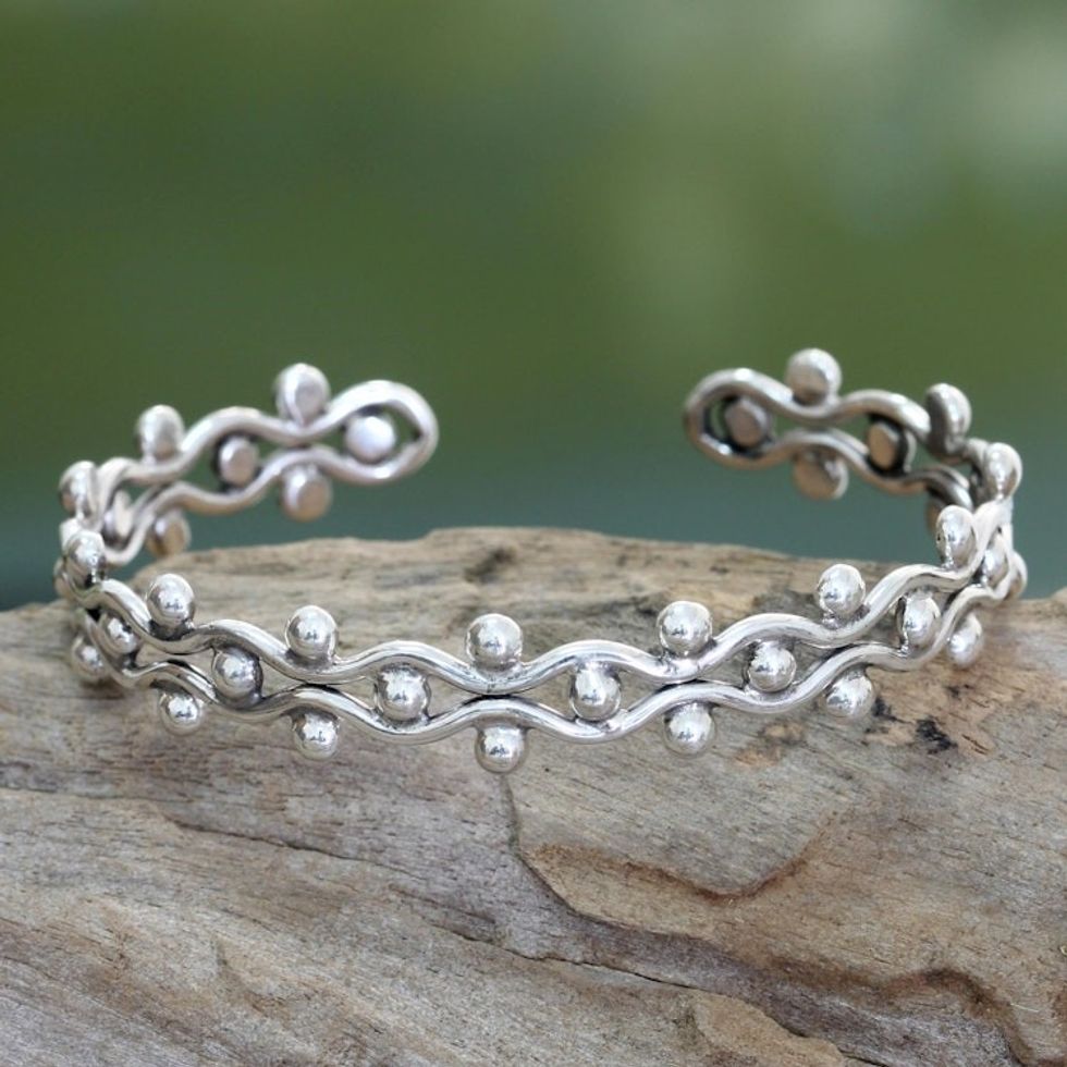 Sterling Silver Cuff Bracelet from Indonesia 'Floral Buds'