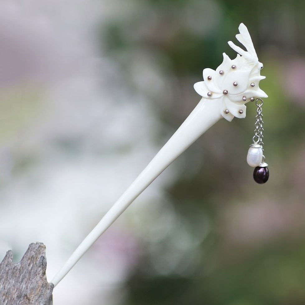 Bone and Cultured Pearl Dragonfly Hair Pin from Bali 'Dragonfly Home'