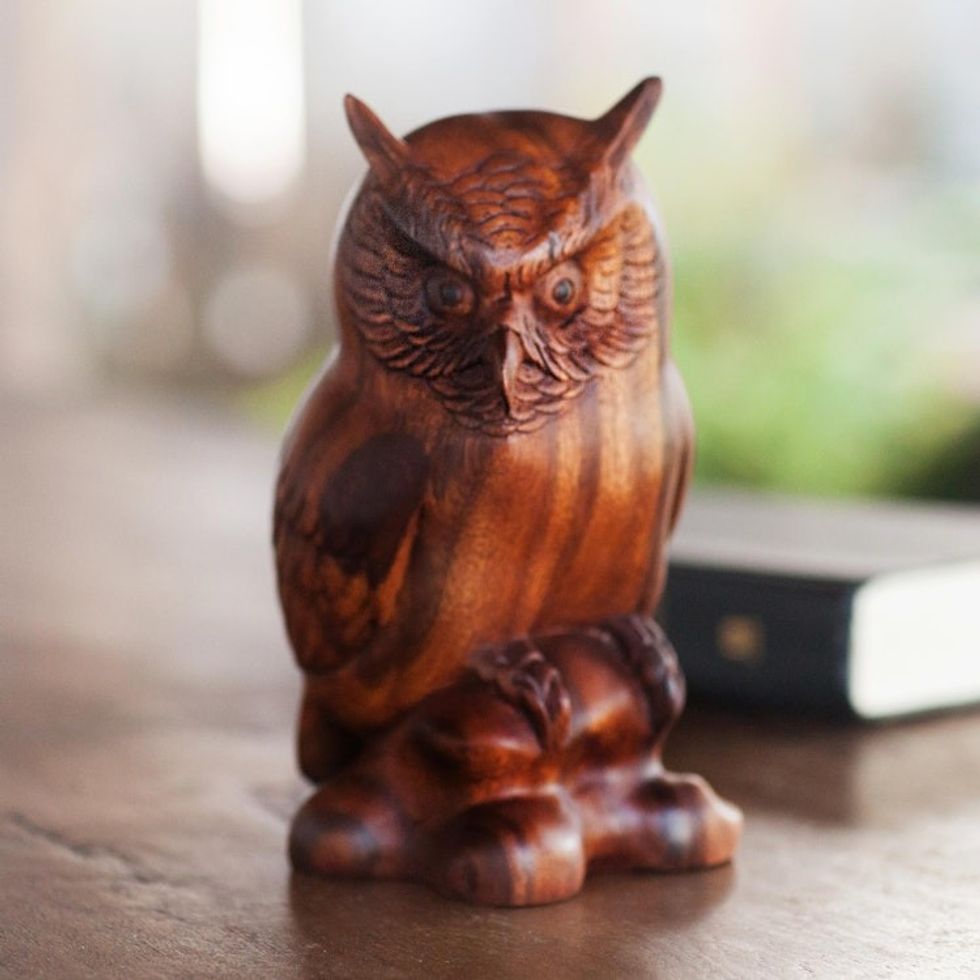Fair Trade Wood Bird Sculpture 'Crested Owl'