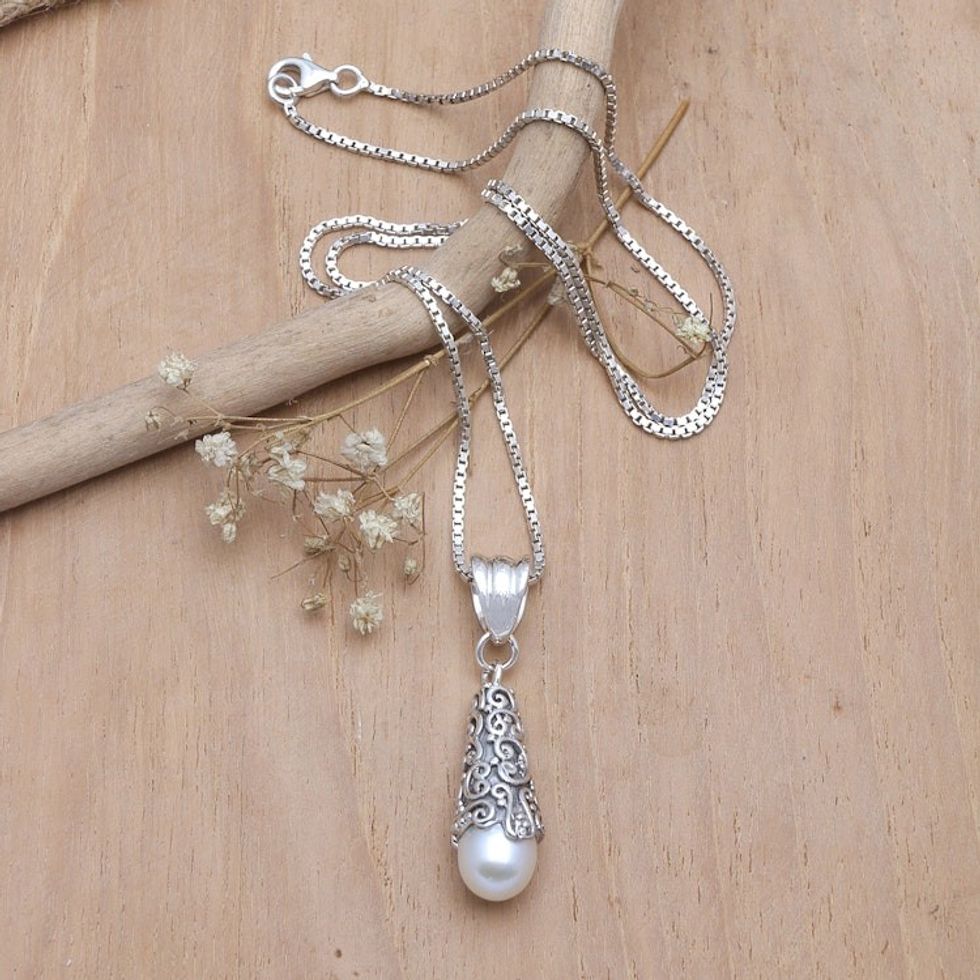 Sterling Silver and White Cultured Pearl Pendant Necklace 'White Arabesque Dewdrop'