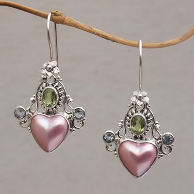 Alternate image for Cultured Pearl Blue Topaz and Peridot Heart Dangle Earrings Flying Hearts