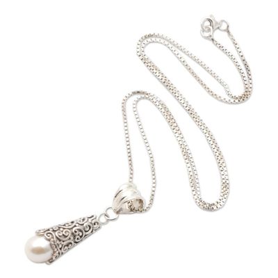 Alternate image for Sterling Silver and White Cultured Pearl Pendant Necklace White Arabesque Dewdrop