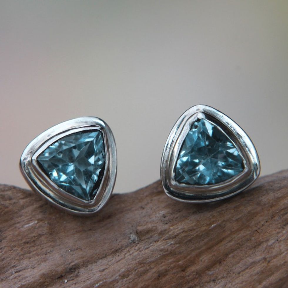 Classic Blue Topaz Stud Earrings Set in Sterling 925 Silver 'Sky Blue Trinity'
