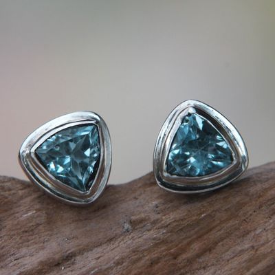 Alternate image for Classic Blue Topaz Stud Earrings Set in Sterling 925 Silver Sky Blue Trinity