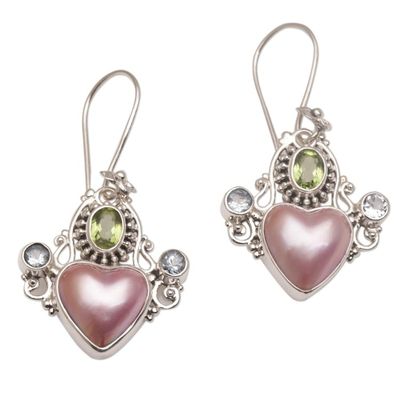 Alternate image for Cultured Pearl Blue Topaz and Peridot Heart Dangle Earrings Flying Hearts
