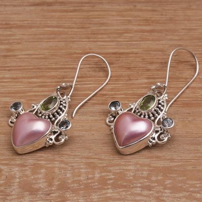 Alternate image for Cultured Pearl Blue Topaz and Peridot Heart Dangle Earrings Flying Hearts