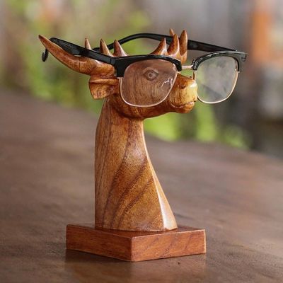 Alternate image for Deer-Shaped wood Eyeglasses Stand with a Natural Finish Studious Deer in Natural