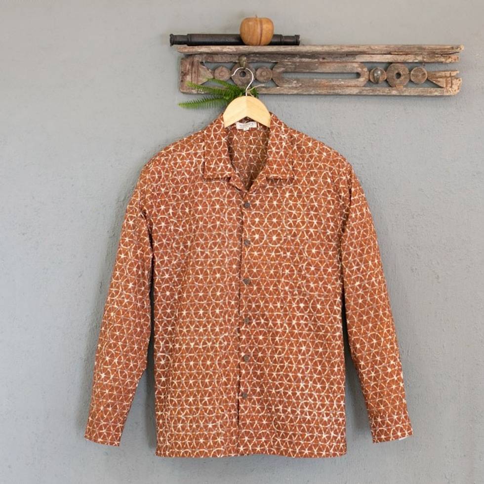 Russet and Salamander Geometric Batik Cotton Shirt for Men 'Denpasar Gentleman in Russet'
