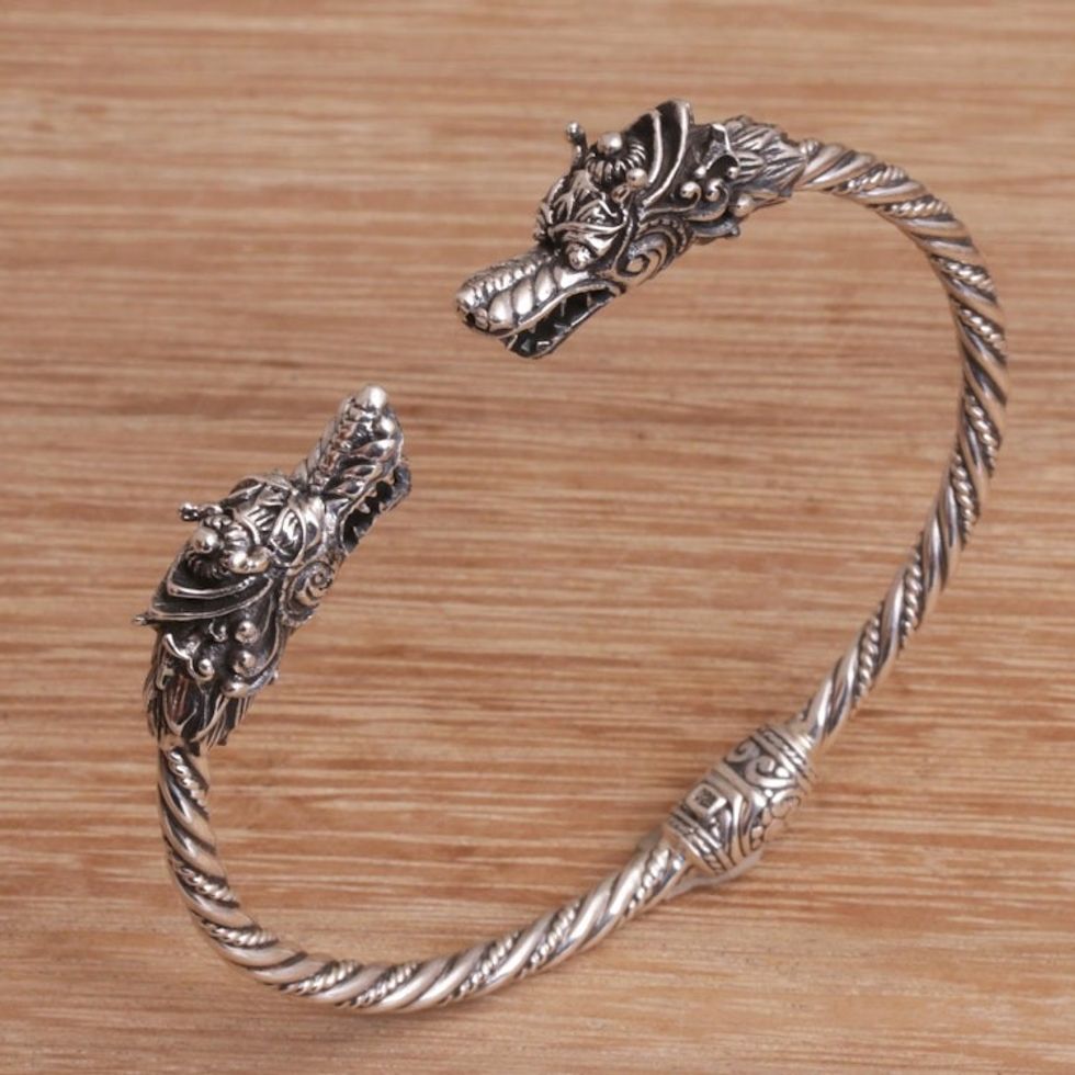 Dragon-Themed Sterling Silver Cuff Bracelet from Bali 'Dragon Siblings'