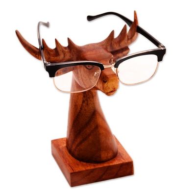 Alternate image for Deer-Shaped wood Eyeglasses Stand with a Natural Finish Studious Deer in Natural
