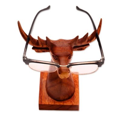 Alternate image for Deer-Shaped wood Eyeglasses Stand with a Natural Finish Studious Deer in Natural
