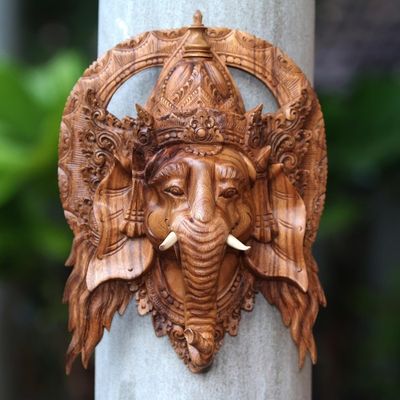 Alternate image for Lord Ganesha Hand Carved Wood Decorative Wall Mask from Bali Natural Ganesha