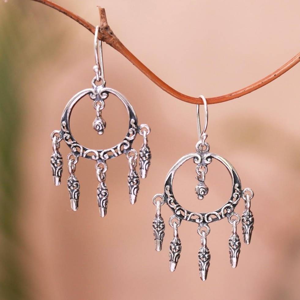 Swirl Pattern Sterling Silver Chandelier Earrings from Bali 'Dream Catcher Rain'