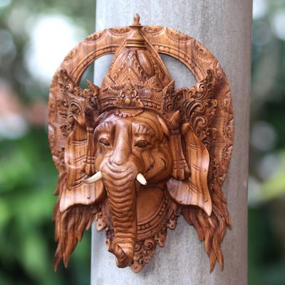 Alternate image for Lord Ganesha Hand Carved Wood Decorative Wall Mask from Bali Natural Ganesha