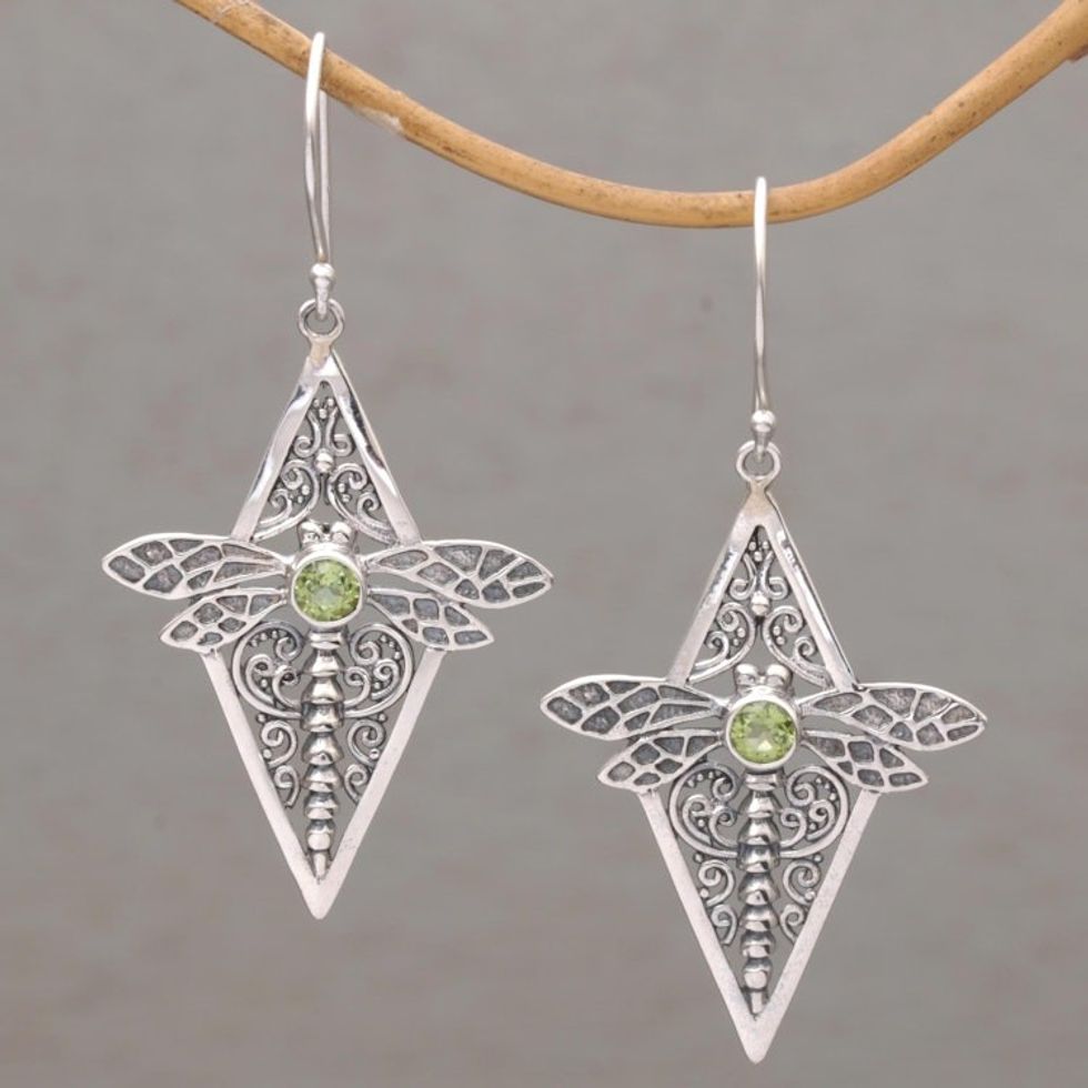 Peridot and 925 Silver Dragonfly Dangle Earrings from Bali 'Dragonfly Diamonds'