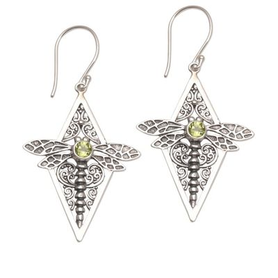 Alternate image for Peridot and 925 Silver Dragonfly Dangle Earrings from Bali Dragonfly Diamonds
