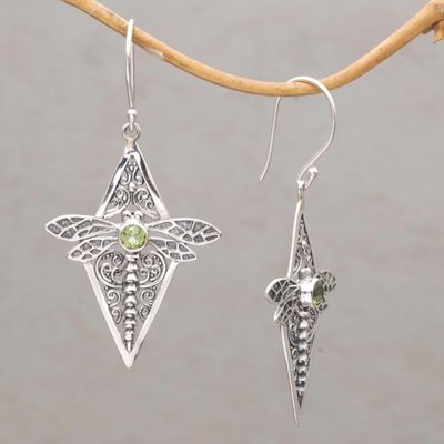 Alternate image for Peridot and 925 Silver Dragonfly Dangle Earrings from Bali Dragonfly Diamonds