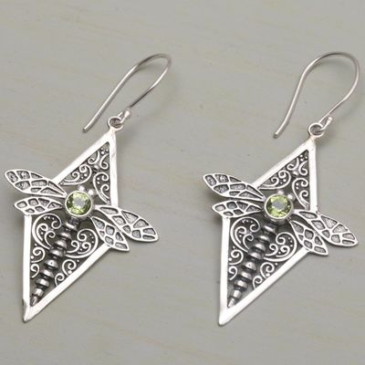 Alternate image for Peridot and 925 Silver Dragonfly Dangle Earrings from Bali Dragonfly Diamonds