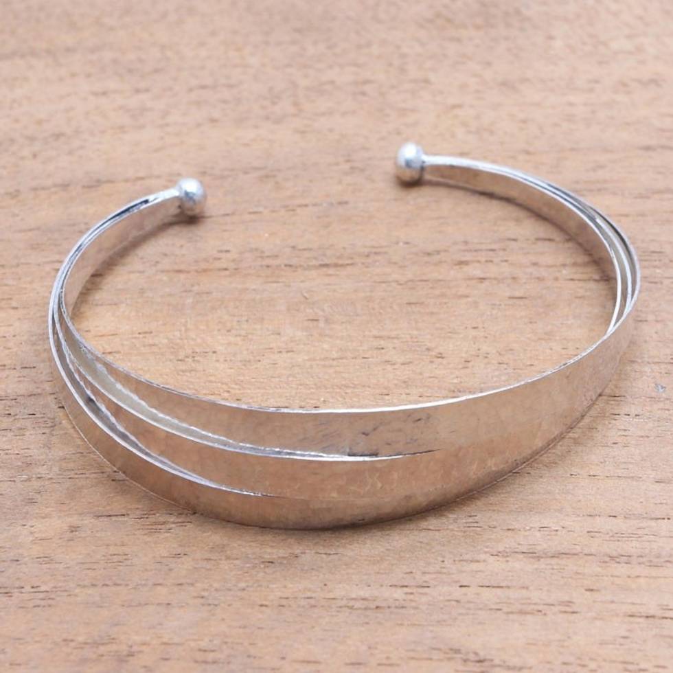 Triple Arc Hammered Finish Sterling Silver Cuff Bracelet 'Merging Paths'