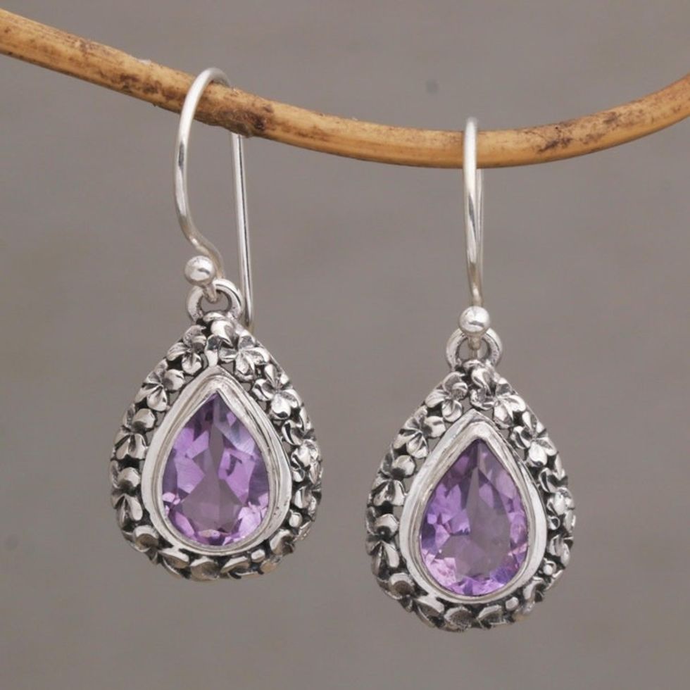 Frangipani Flower Dangle Earrings with Amethyst Gems 'Jepun Lilac'