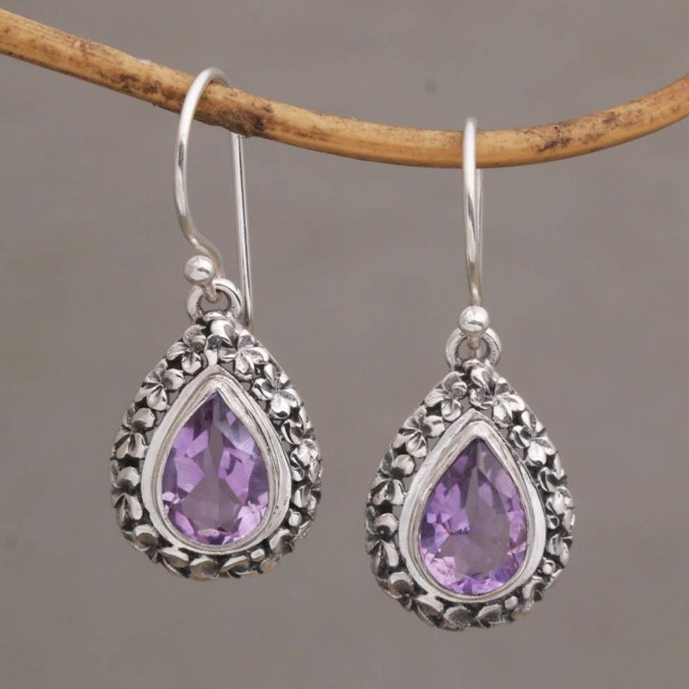 Frangipani Flower Dangle Earrings with Amethyst Gems 'Jepun Lilac'