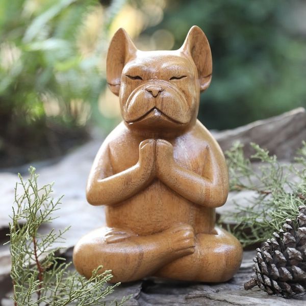 Alternate image for Hand-Carved Brown Suar Wood French Bulldog Sculpture Gratitude at Day