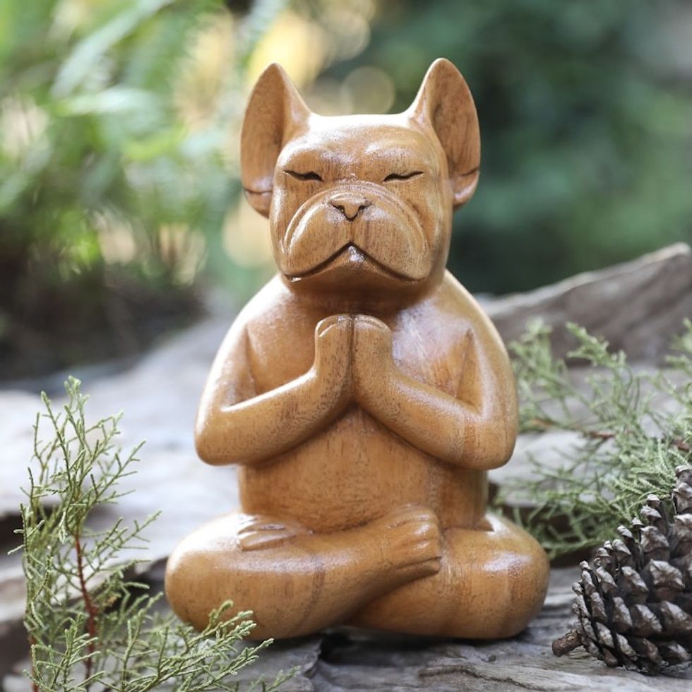 Hand-Carved Brown Suar Wood French Bulldog Sculpture 'Gratitude at Day'